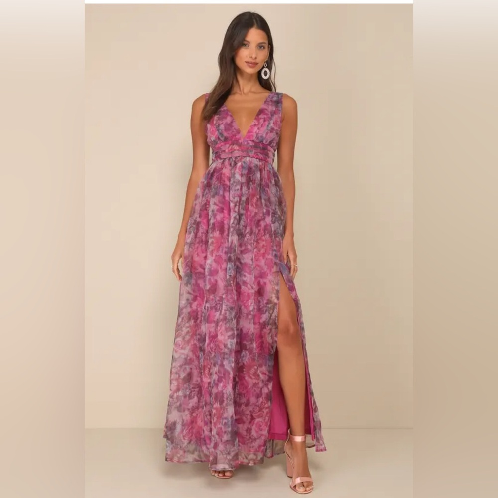 Garden Romance Magenta Floral Print Organza Maxi Dress - Perfect for weddings!